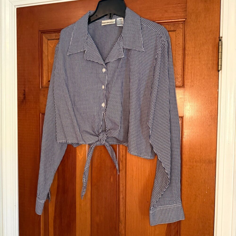 Kathy Ireland Black Gingham Tie Front Button Up Women's Size L